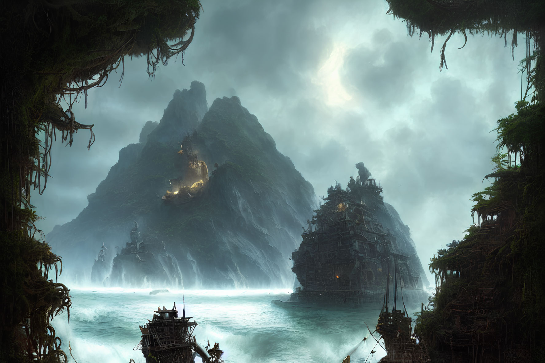 Mystical seascape with towering rocky islands and ancient buildings under stormy sky