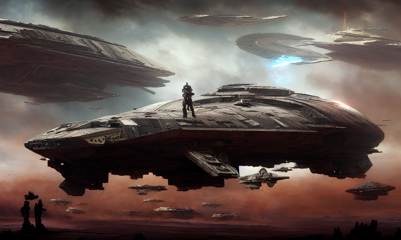 Figure on Large Spaceship Surrounded by Flying Ships in Dramatic Cloudy Sky