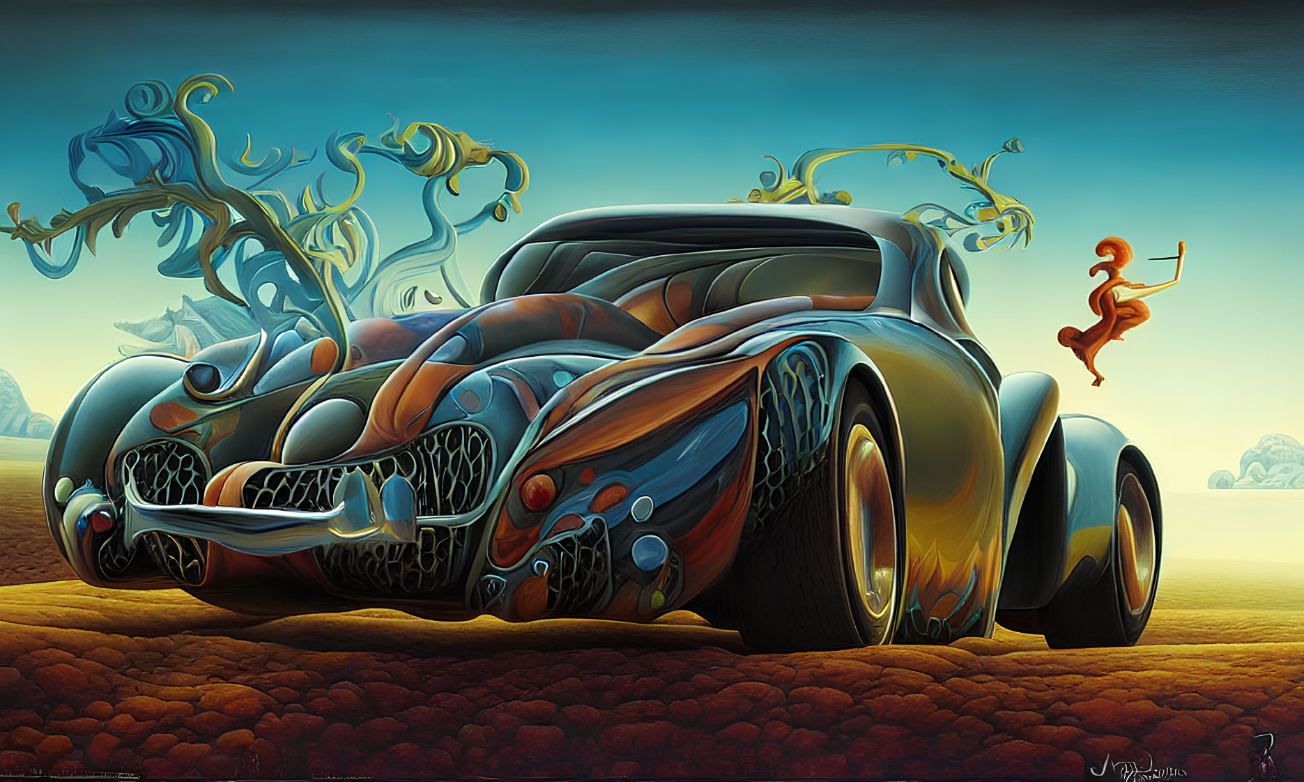 Colorful surreal artwork: stylized car with tentacle-like features on dreamlike landscape.