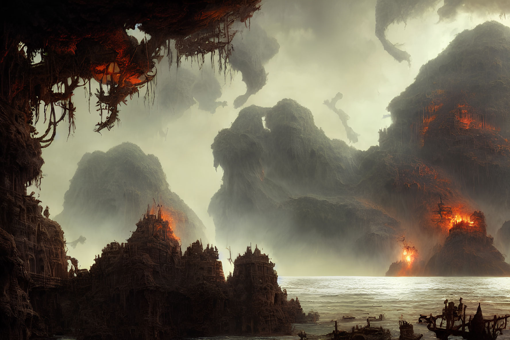 Fantasy landscape with eerie mountains, fiery glow, ancient buildings