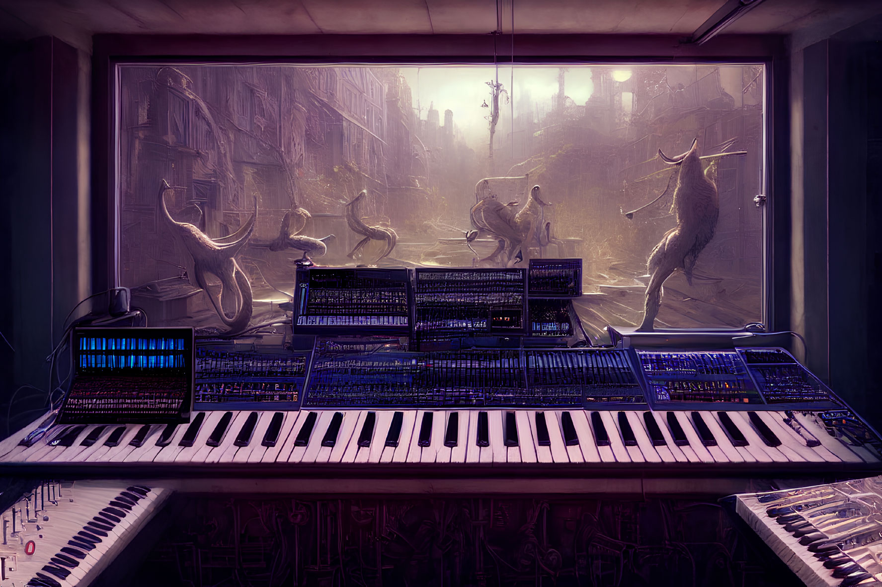 Synthesizer setup in room with large window overlooking dystopian cityscape with alien creatures.