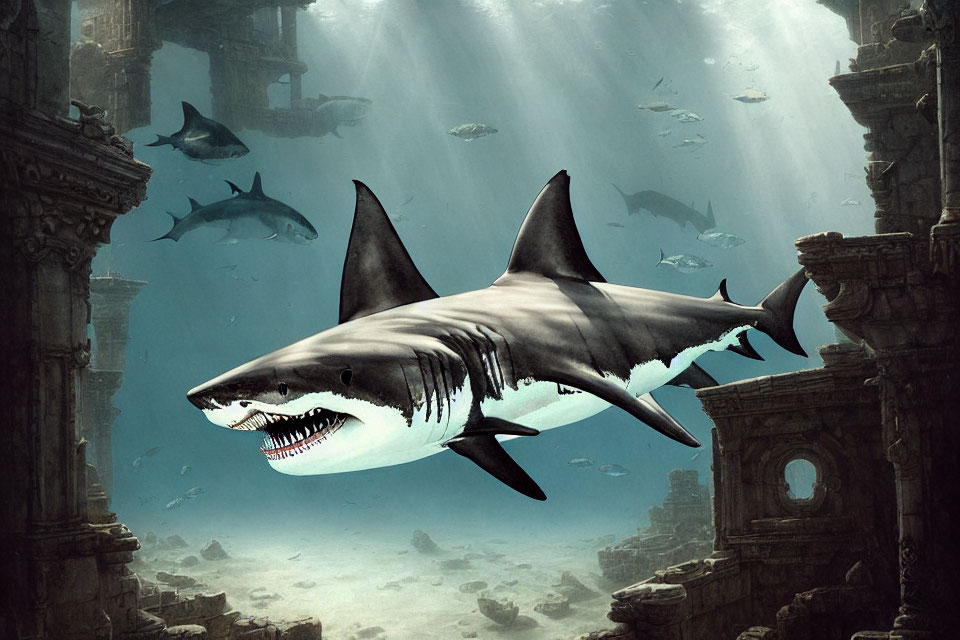 Prominent shark swims among sunken ruins with looming background sharks