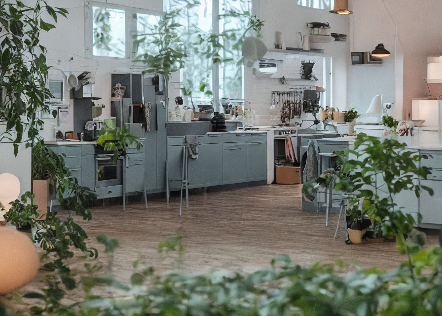 Modern Kitchen with Blue Cabinets, Stainless Steel Appliances, and Green Plants