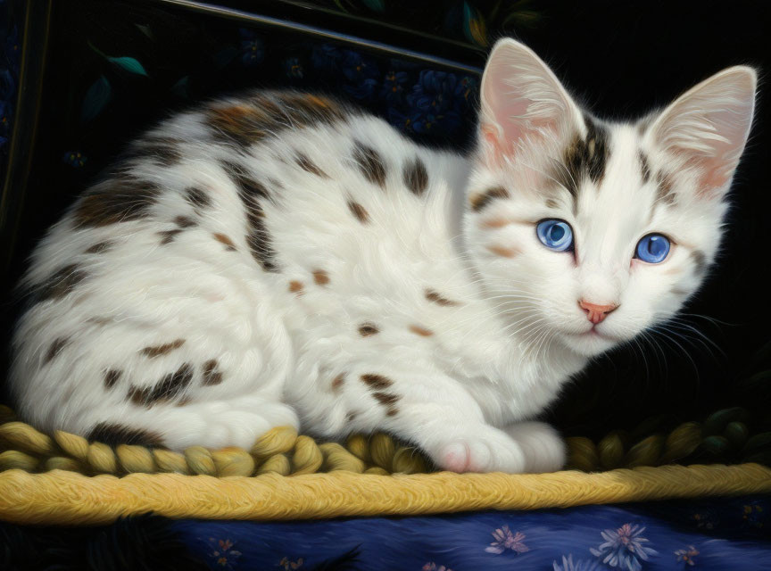 White Kitten with Black and Brown Spots on Blue Floral Background