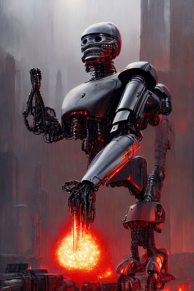 Futuristic silver robot with glowing red orb in misty cityscape