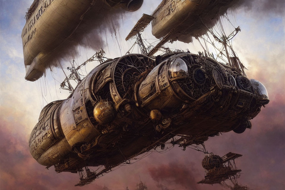 Elaborate Steampunk Airship with Mechanical Details in Dramatic Sky