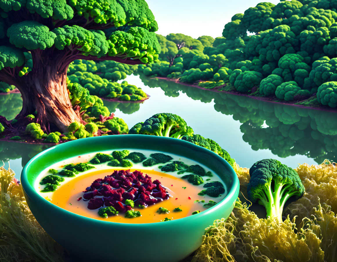 Broccoli Soup Bowl Surrounded by Greenery and Water