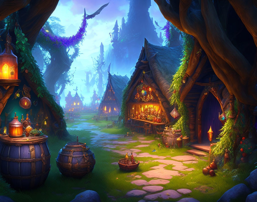 Enchanting forest scene at dusk with cozy cottages, giant trees, stone path, and lantern