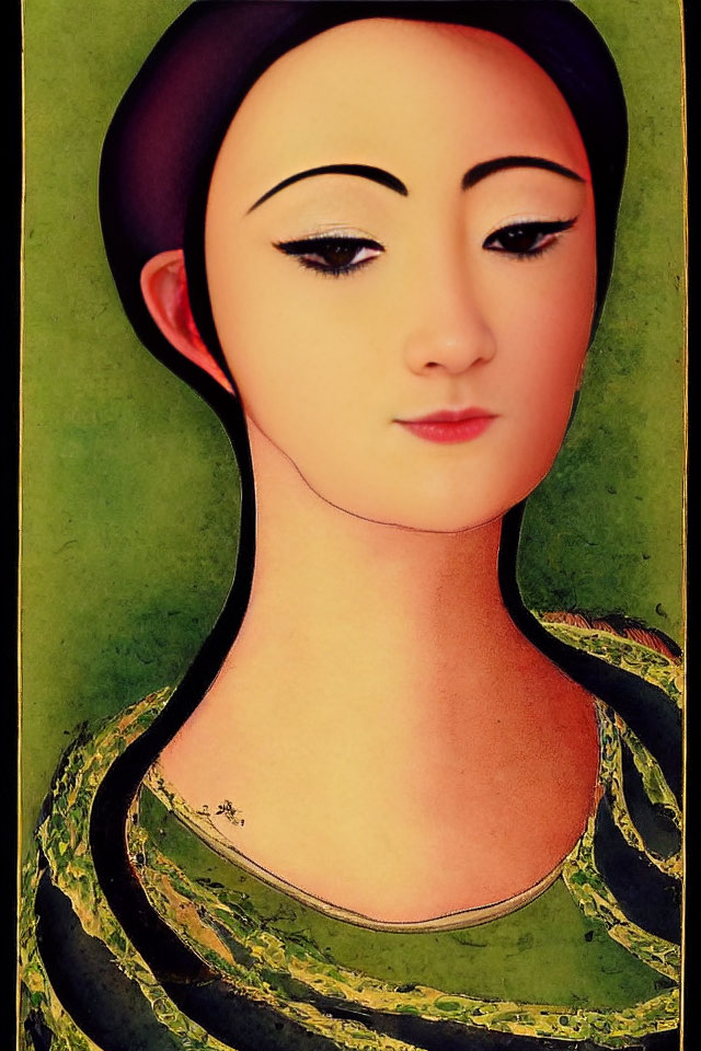 Portrait of a Woman with Asian Features in Green Top and Headpiece