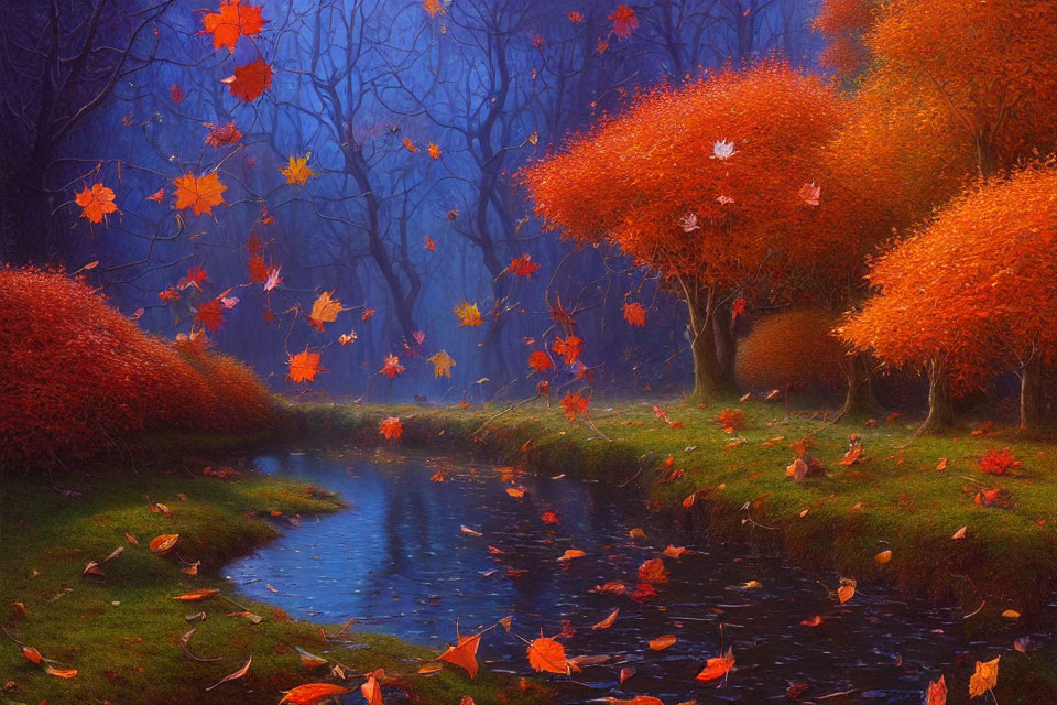 Tranquil Autumn Scene: Vibrant Orange Foliage, Falling Leaves, Blue River