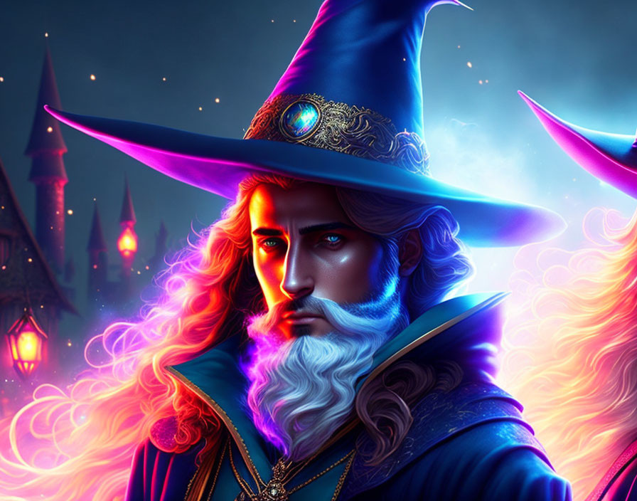 Majestic wizard with glowing staff in fantastical setting