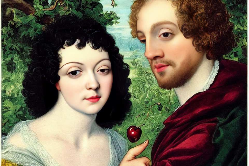 Classic Portrait of Man and Woman with Cherry in Lush Greenery