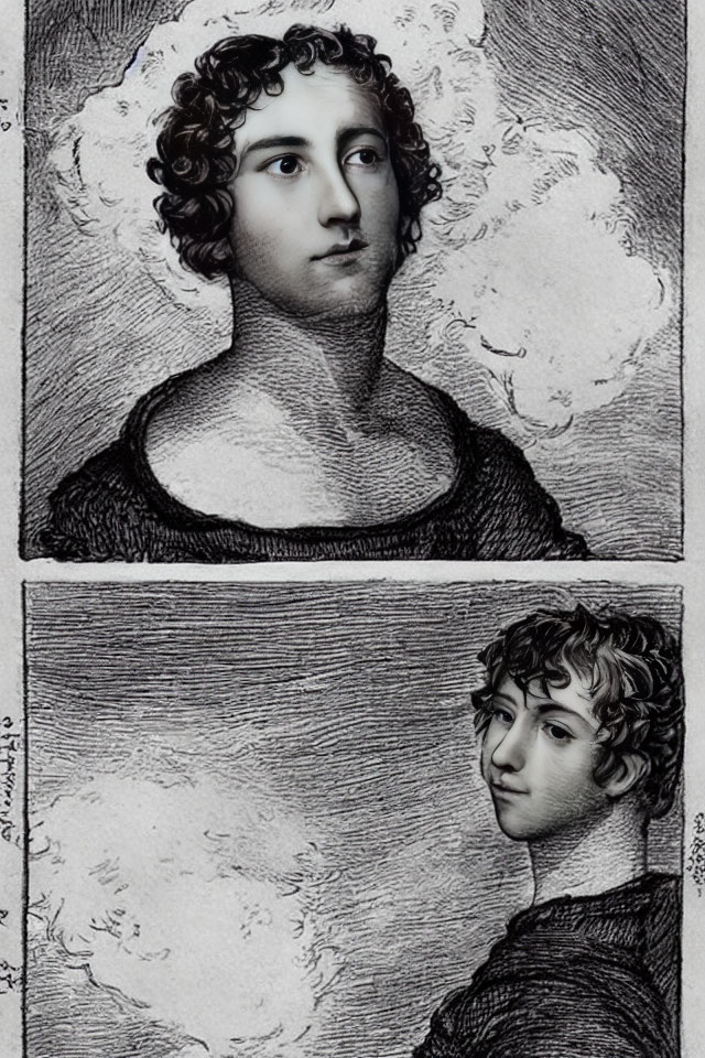 Two Etched Portraits of Person with Curly Hair in Different Views