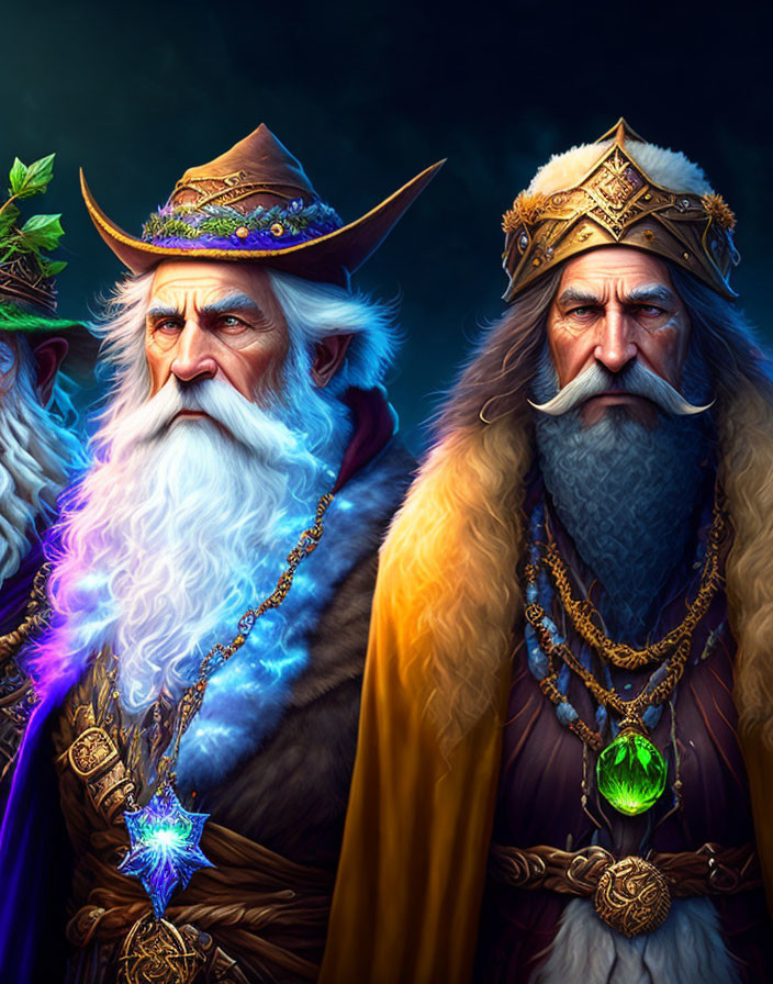 Majestic bearded wizards in starry aura and kingly regalia