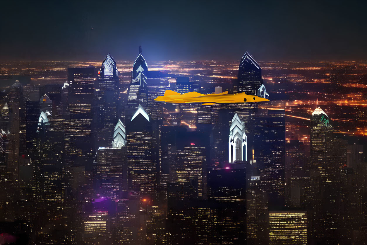 Yellow plane flying over illuminated cityscape at night