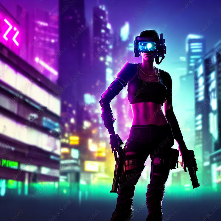 Futuristic city VR headset wearer in combat attire