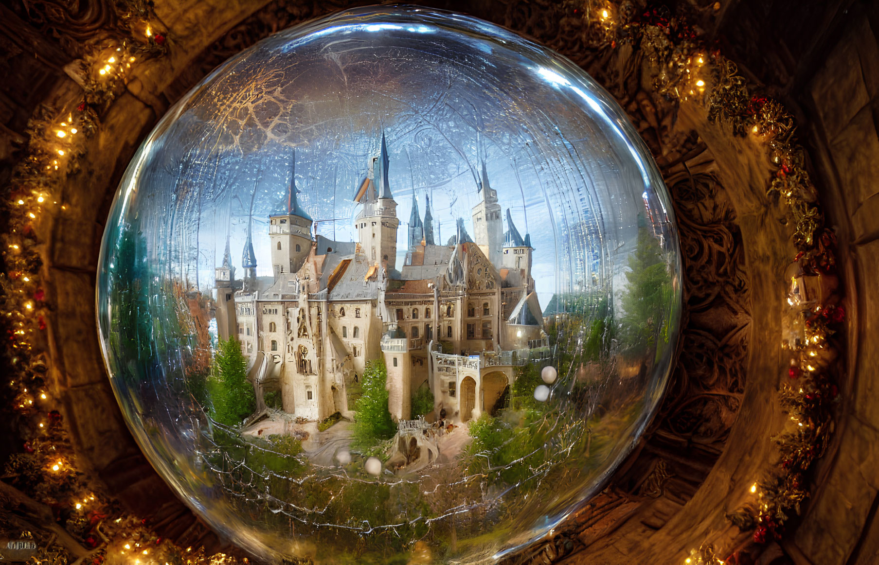 Holiday-themed castle under glass dome with festive lights