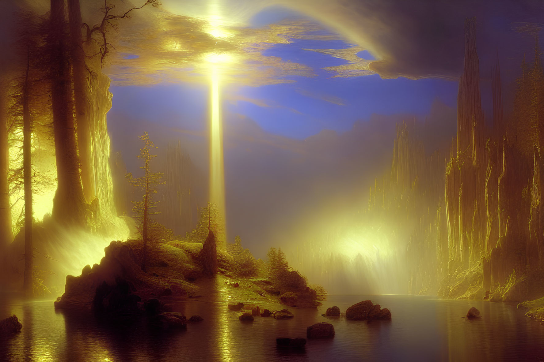 Mystical forest with sun rays, rock formations, water, and trees