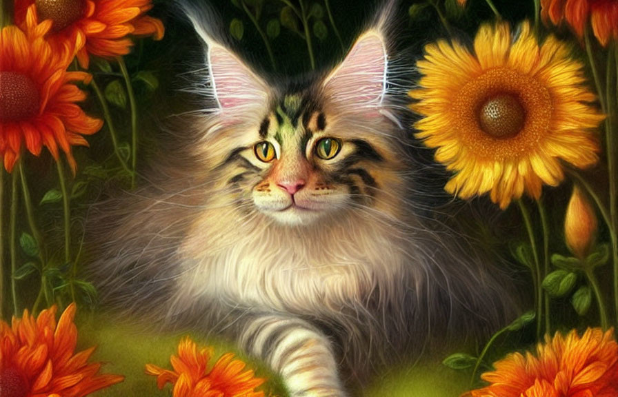 Long-Haired Cat Among Sunflowers and Greenery