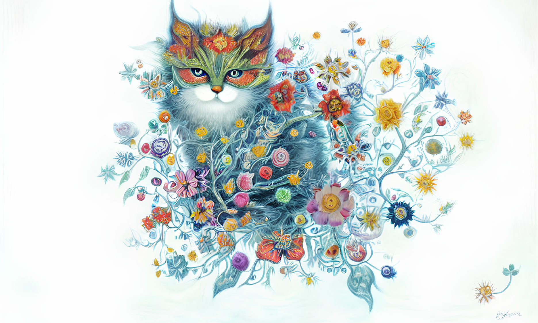 Colorful Cat Illustration with Floral Body and Masked Face on White Background