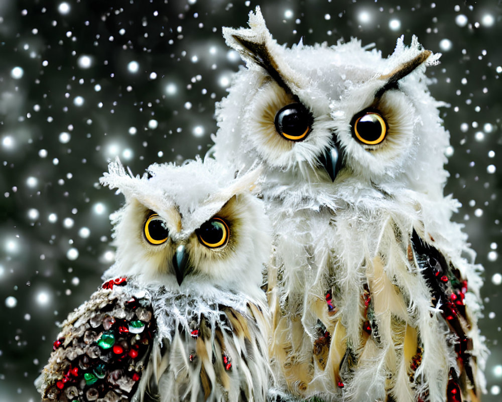 Snow-covered owl sculptures with Christmas decorations in falling snow