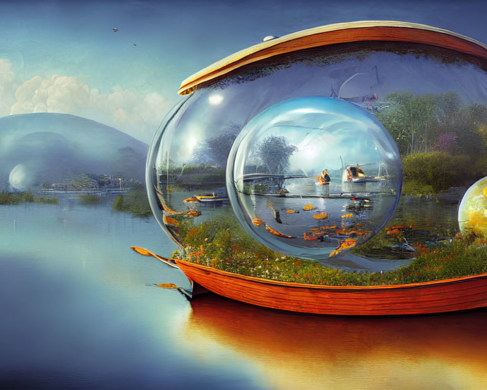 Surreal landscape with transparent domes, wildlife, and flora on wooden boat-like water structure.