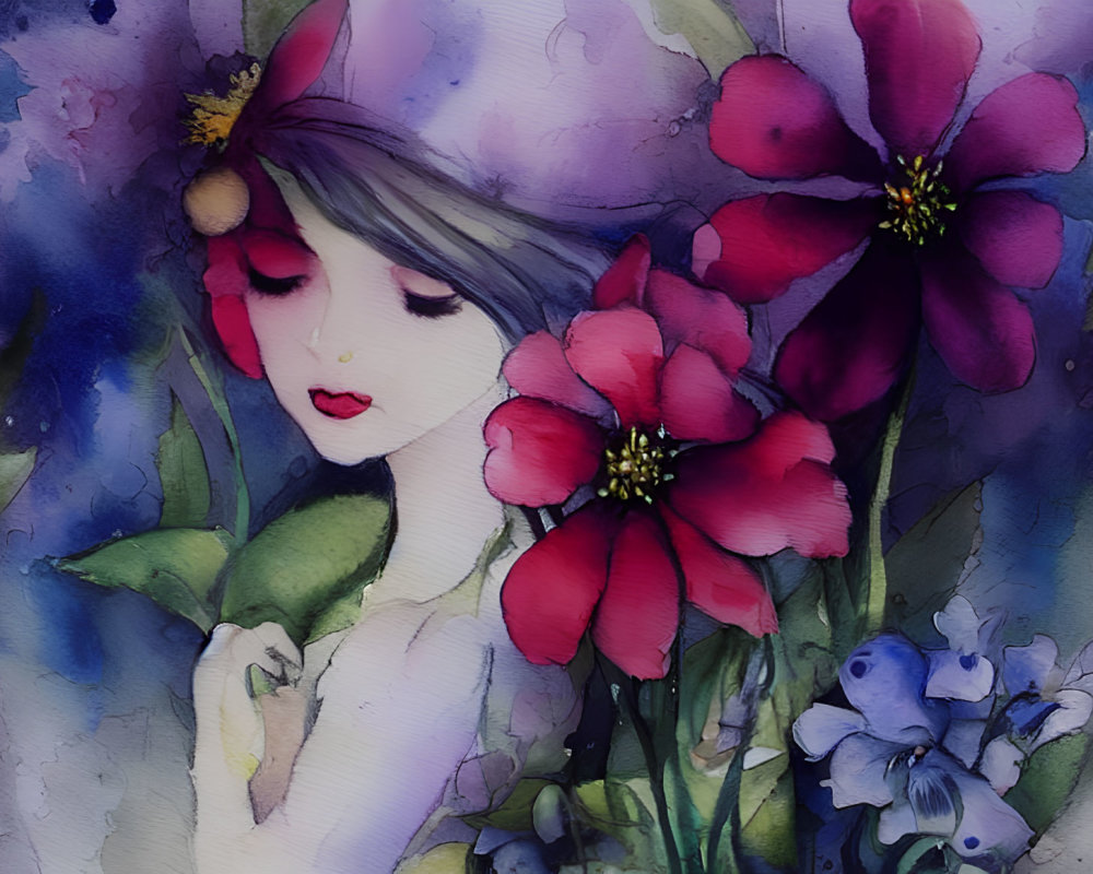 Vibrant watercolor painting of woman with floral hair in dreamy setting