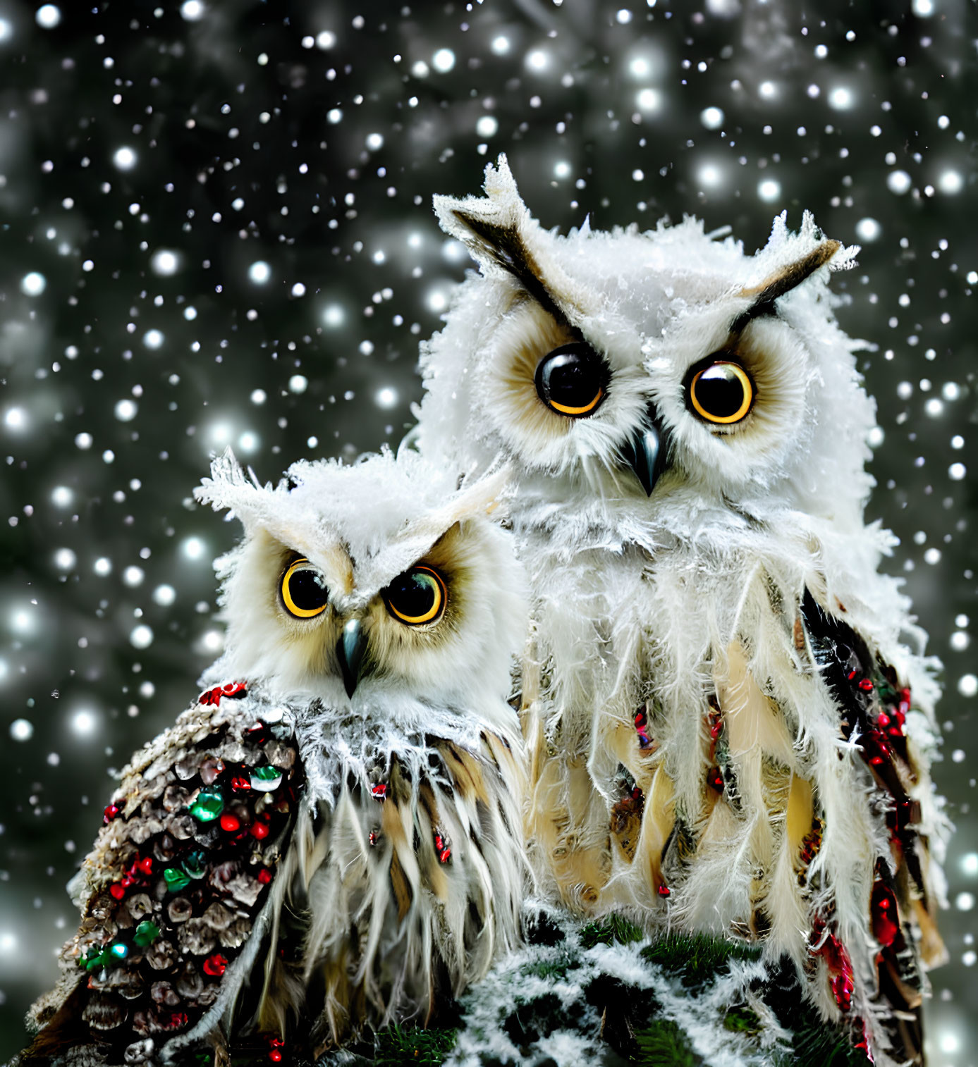 Snow-covered owl sculptures with Christmas decorations in falling snow