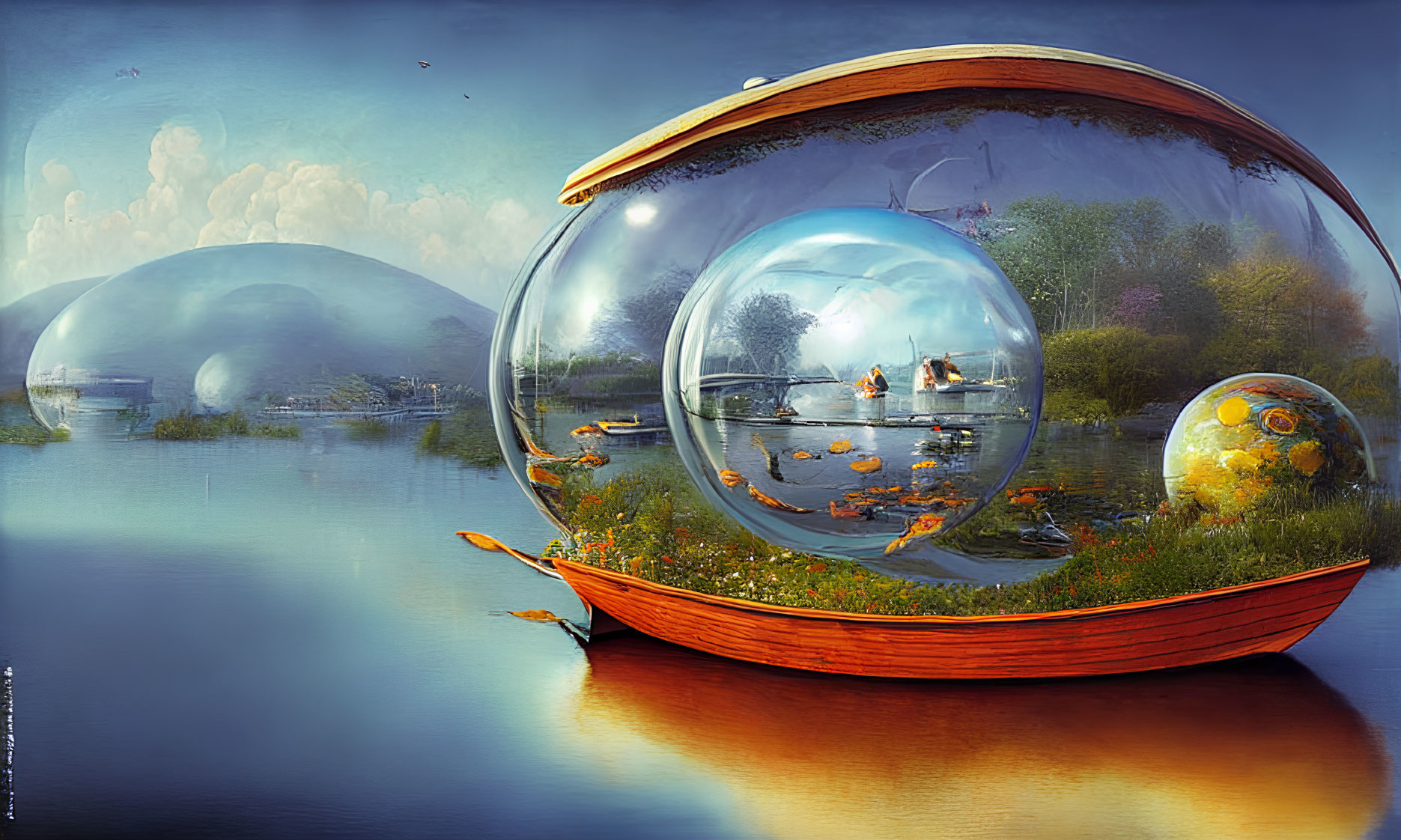 Surreal landscape with transparent domes, wildlife, and flora on wooden boat-like water structure.