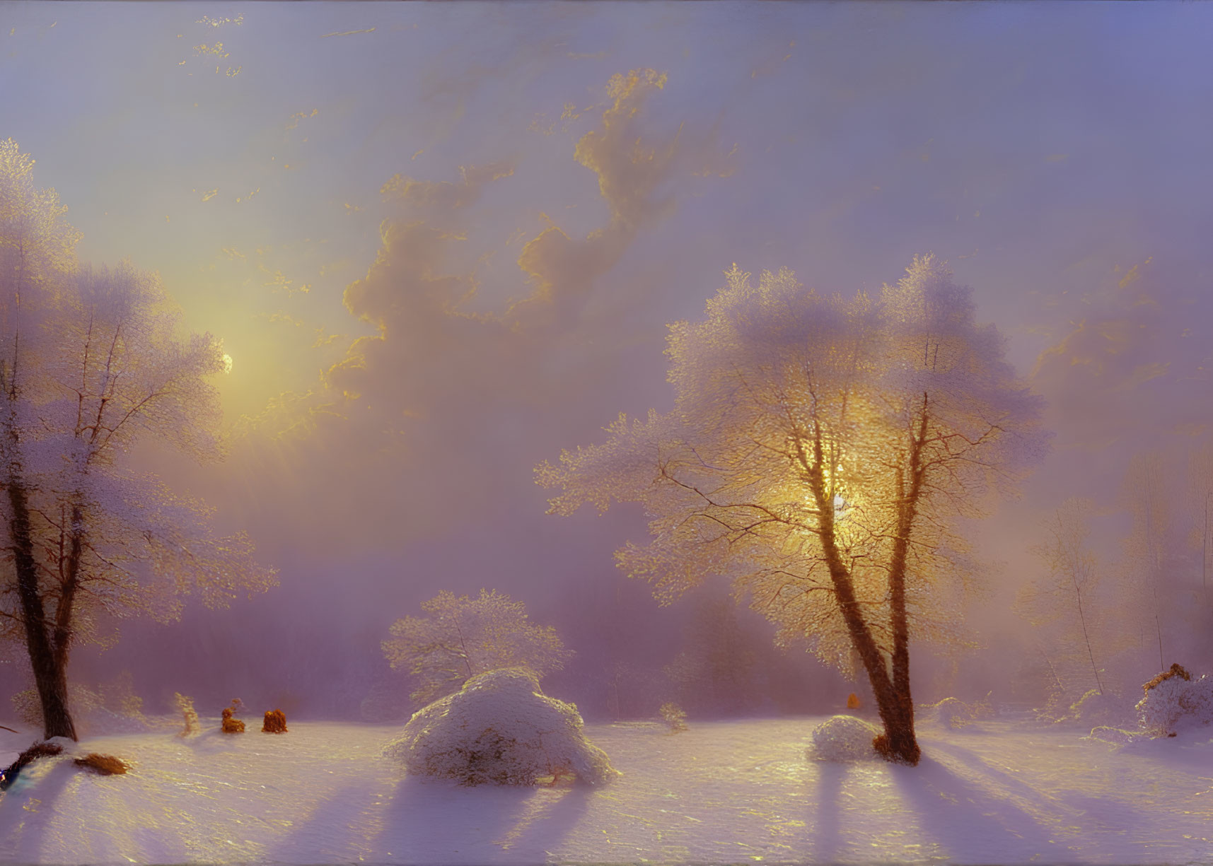 Snow-covered trees and bushes in serene winter setting at sunrise or sunset