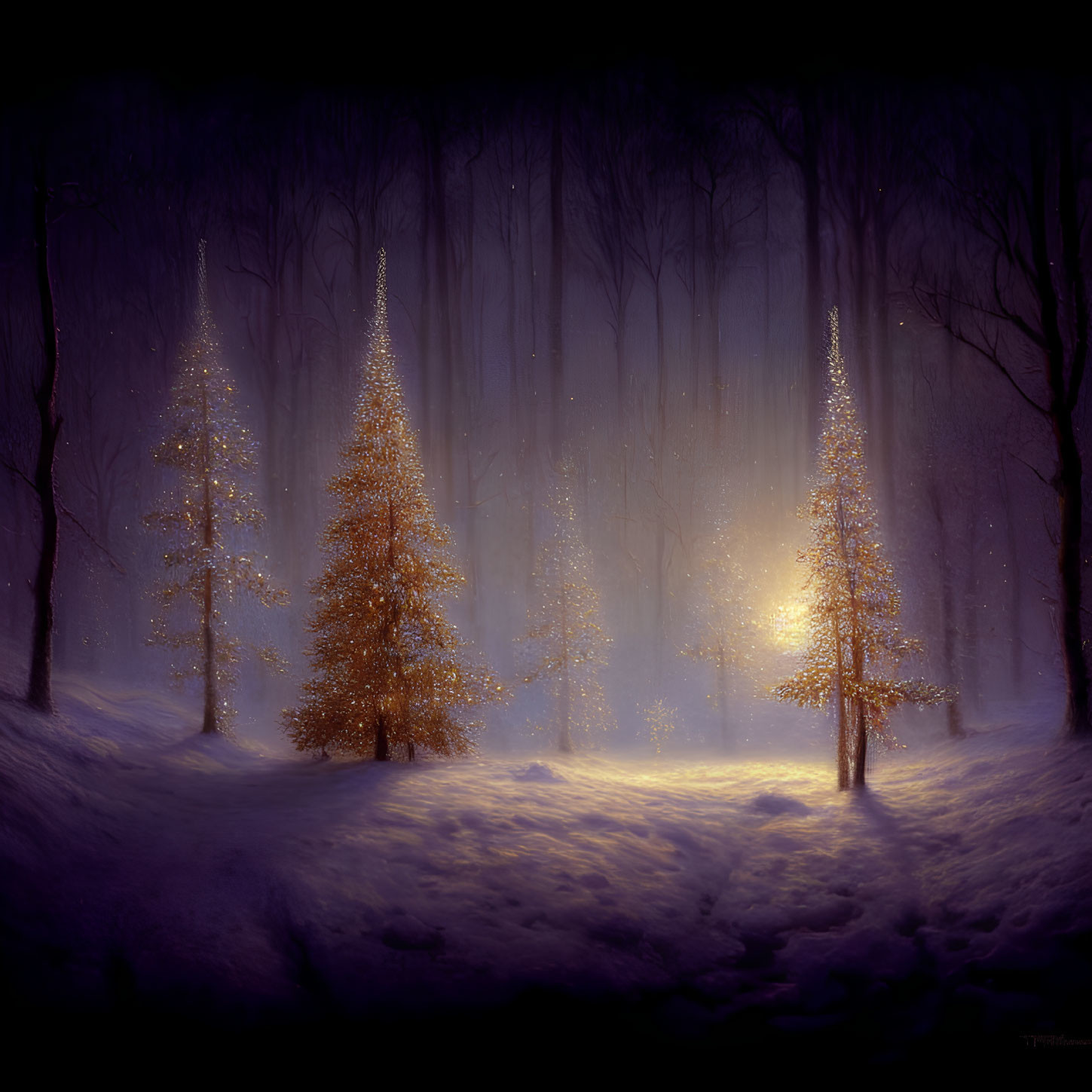 Snow-covered trees in serene winter scene with soft glowing light