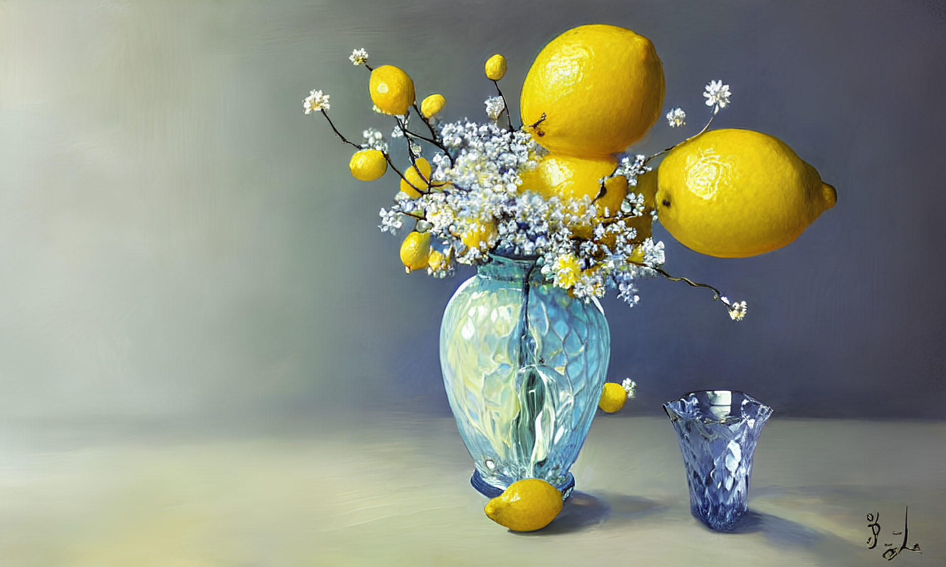 Vibrant still life painting with yellow lemons and white blossoms in blue vase