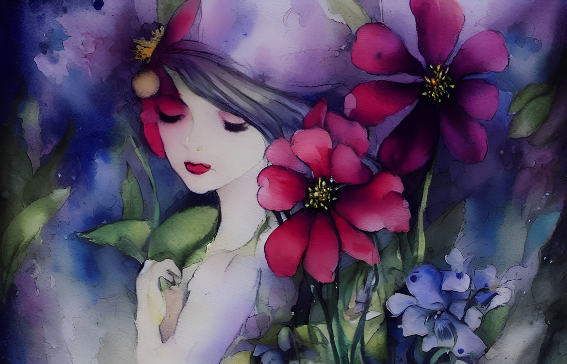 Vibrant watercolor painting of woman with floral hair in dreamy setting