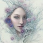 Digital artwork featuring pale-skinned woman among ice-like branches and frost-covered flowers.