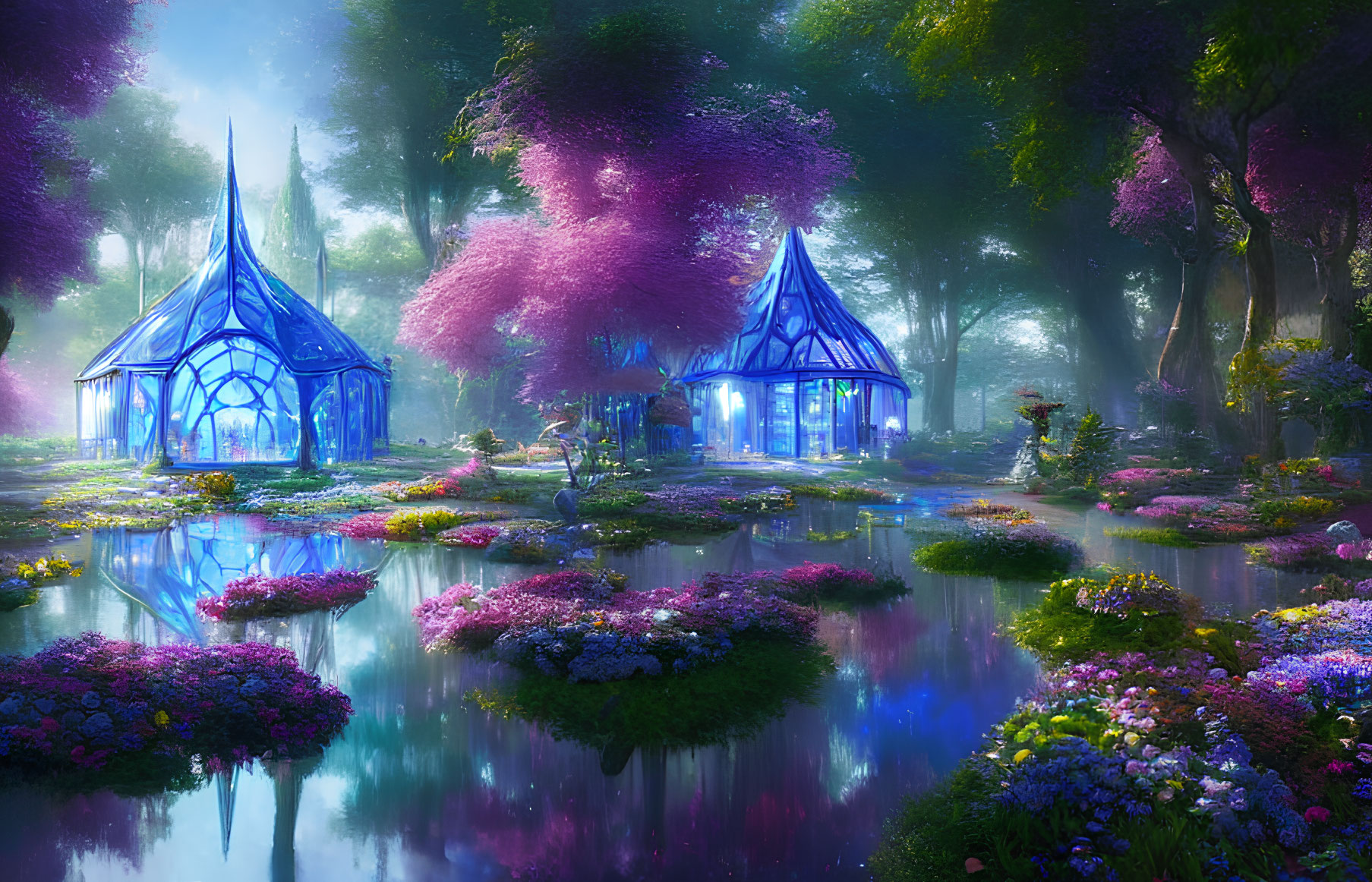 Vibrant surreal landscape with blue crystalline buildings in lush purple and pink forest