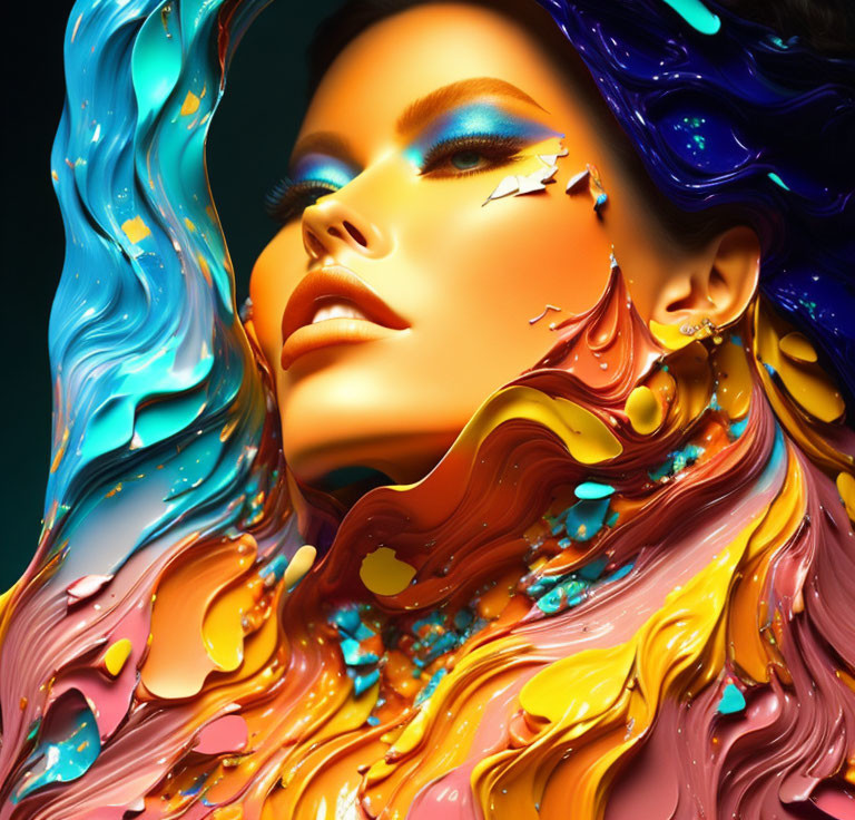 Vibrant digital artwork: Woman with flowing paint streams