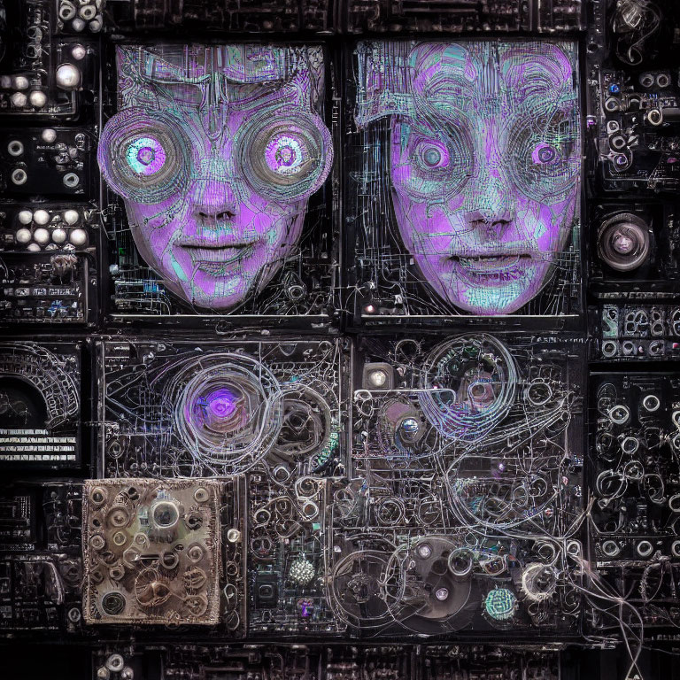 Neon-lit faces in cyberpunk setting with electronic circuitry.