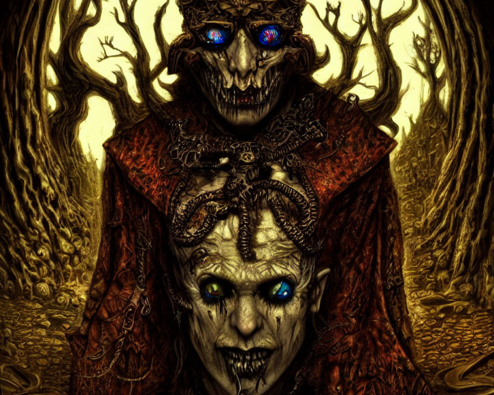 Sinister figure with glowing blue eyes and ornate crown in dark forest