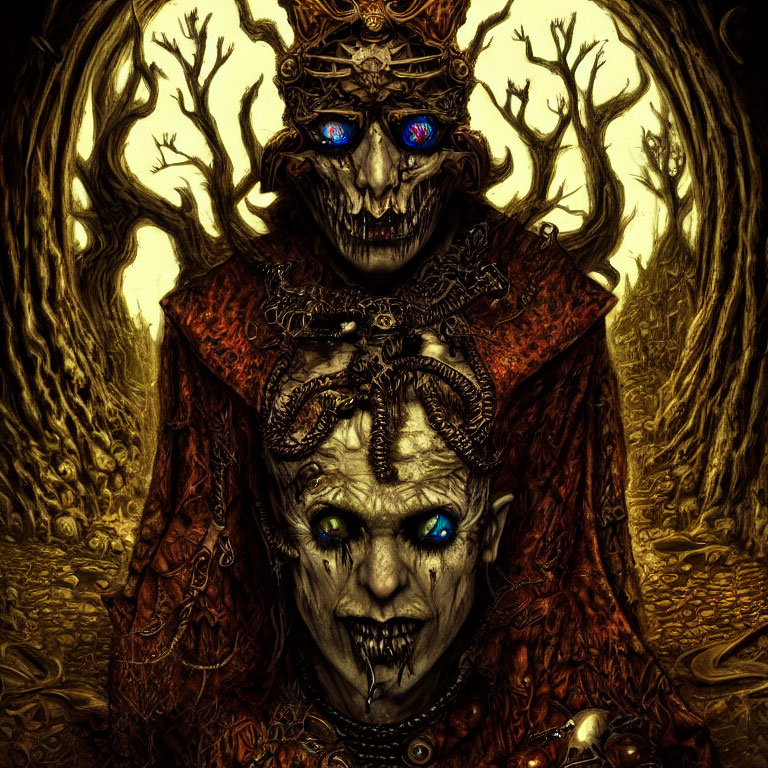 Sinister figure with glowing blue eyes and ornate crown in dark forest