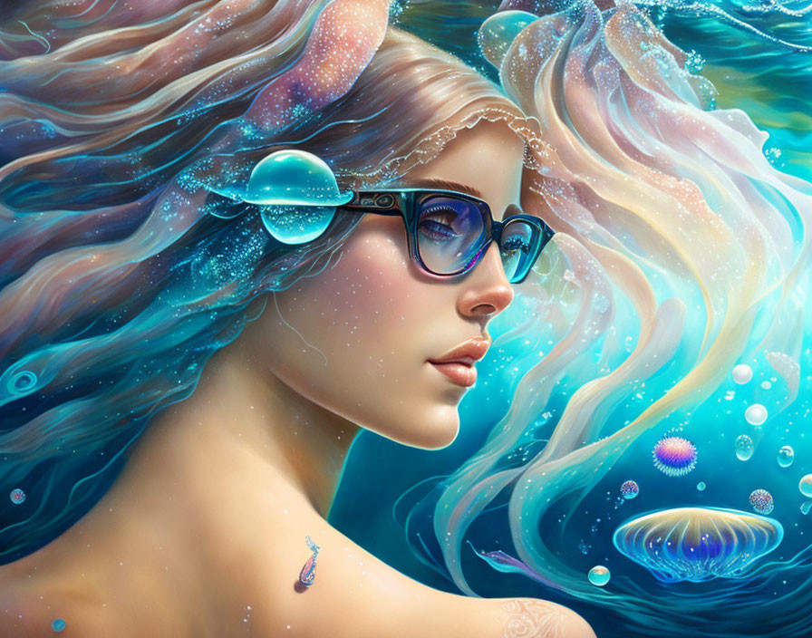 Fantastical illustration of woman with galaxy hair and glasses in underwater setting.