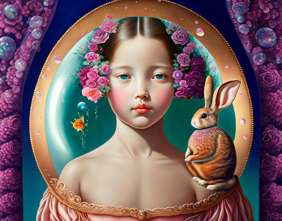 Surreal portrait featuring girl with large eyes, roses, bubbles, and rabbit in whimsical setting