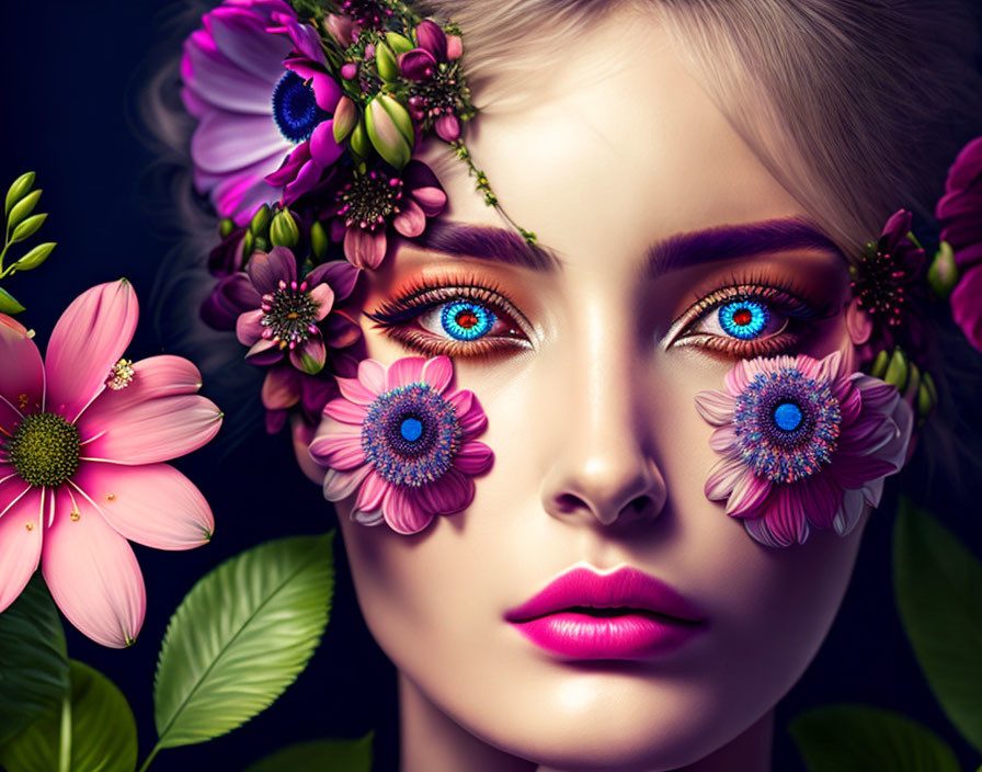 Woman with Blue Eyes and Floral Adornments: Surreal Botanical Beauty