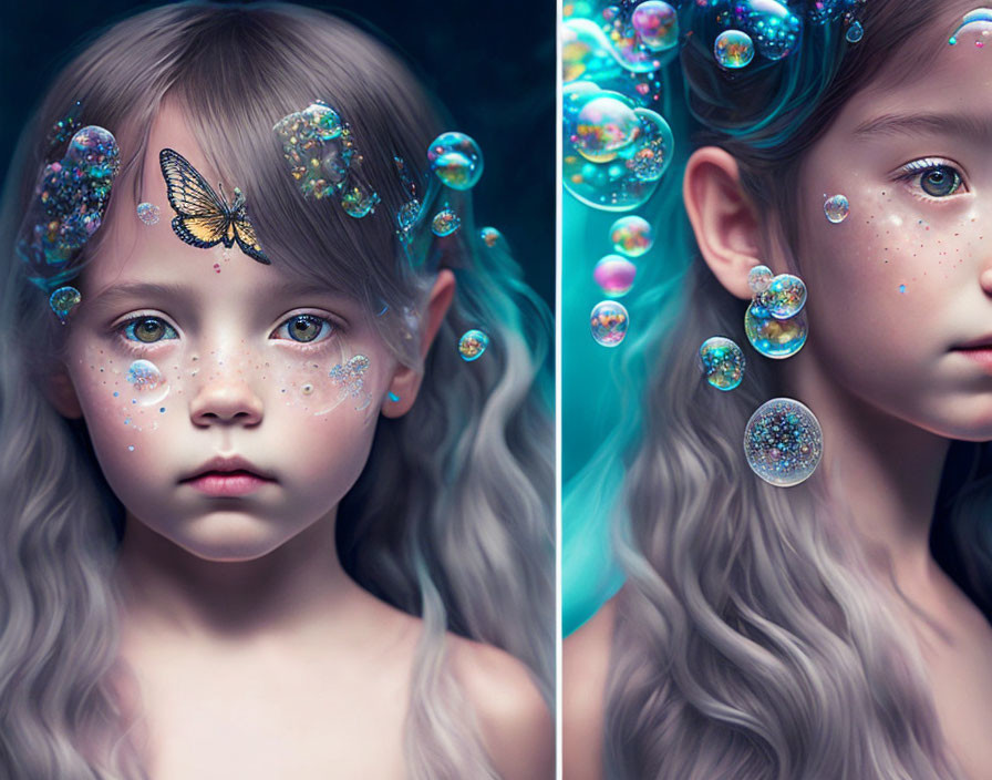 Young girl with wavy hair and butterfly, surrounded by bubbles