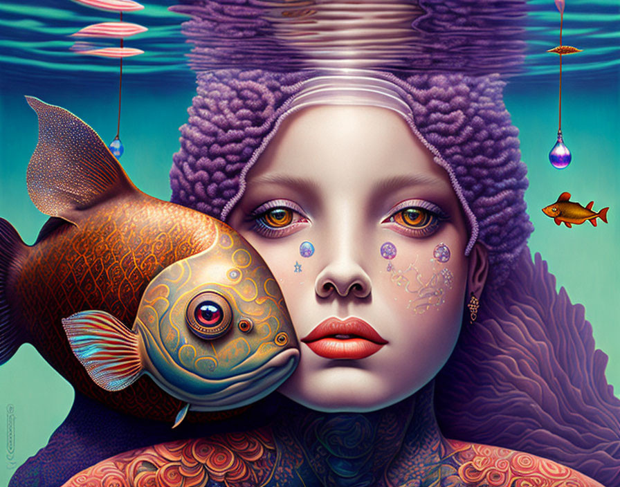 Vivid surreal illustration of girl with violet eyes and fish patterns in a mirrored underwater scene