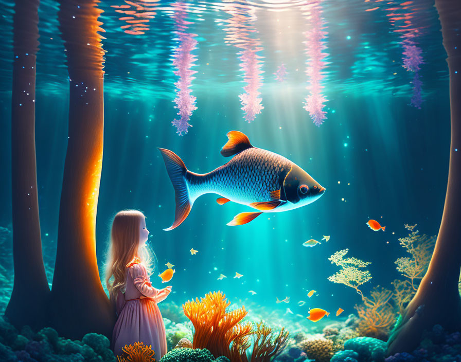 Young girl underwater with giant fish, vibrant corals, and sunbeams