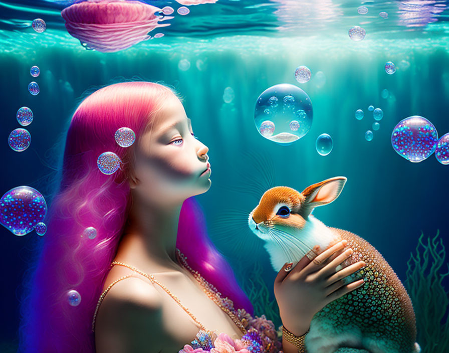 Pink-haired girl and fantastical deer-like creature in surreal underwater scene