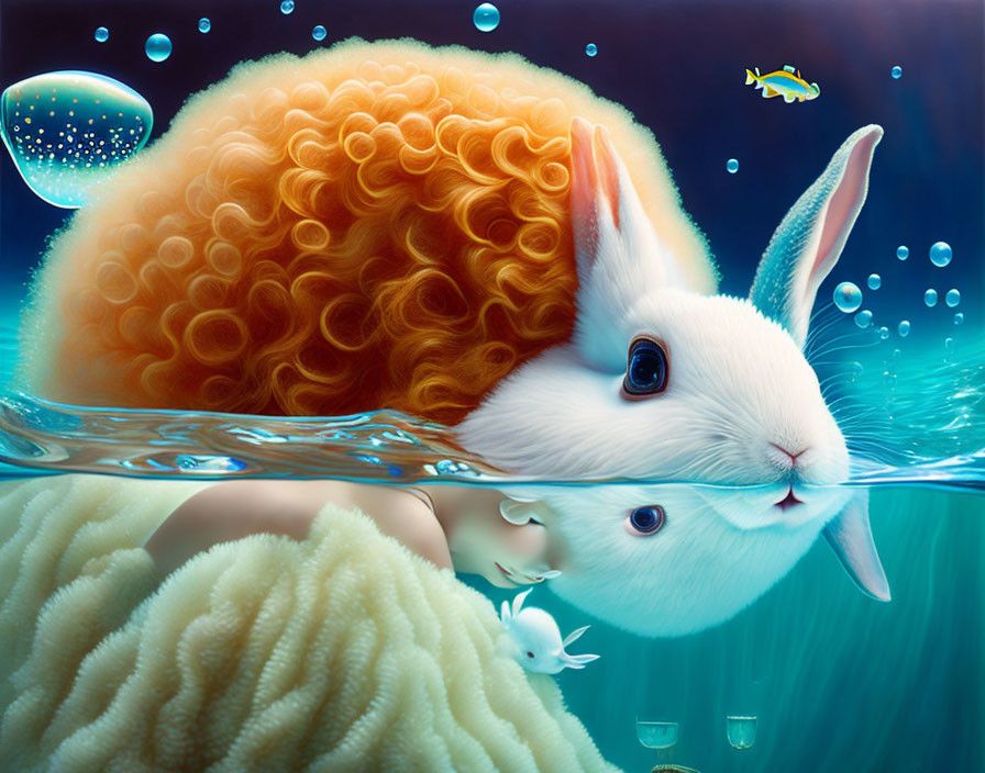 Whimsical underwater scene with surreal rabbit and fish