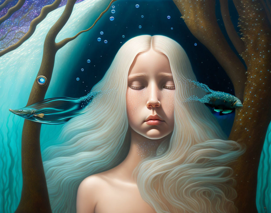 Ethereal woman submerged in water with flowing hair and fish, surreal tree-like elements.