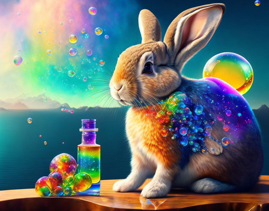 Colorful Rabbit Artwork with Cosmic Pattern and Bubbles on Wood Surface