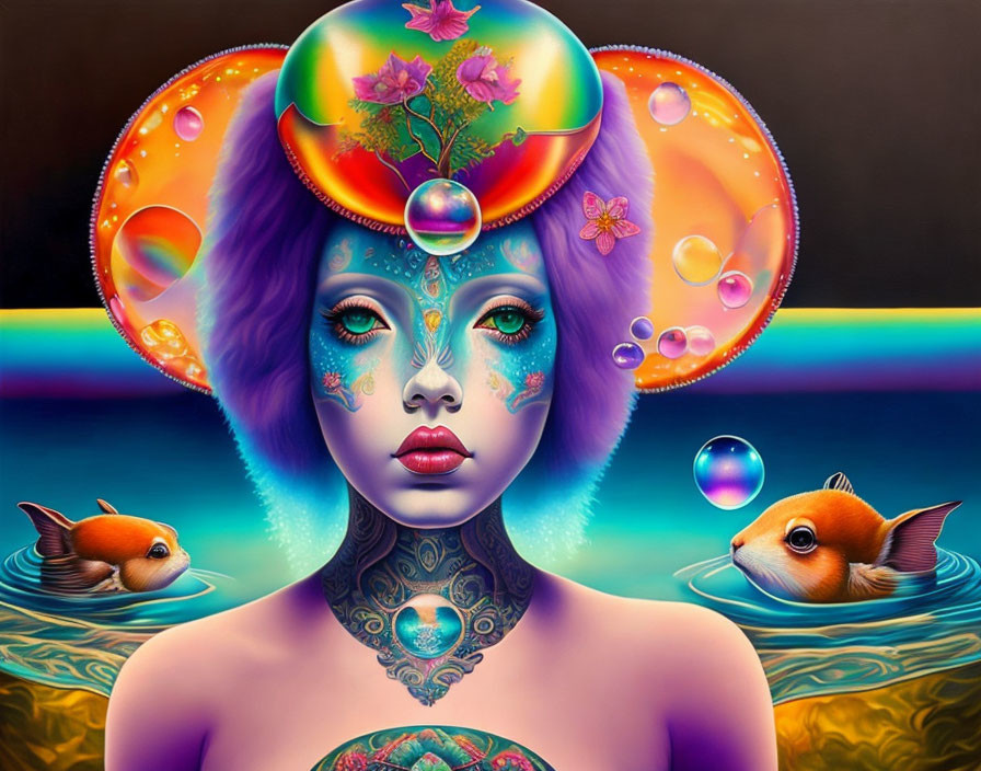 Colorful surrealist portrait of blue-skinned woman with floral motifs, fish, and cosmic bubbles